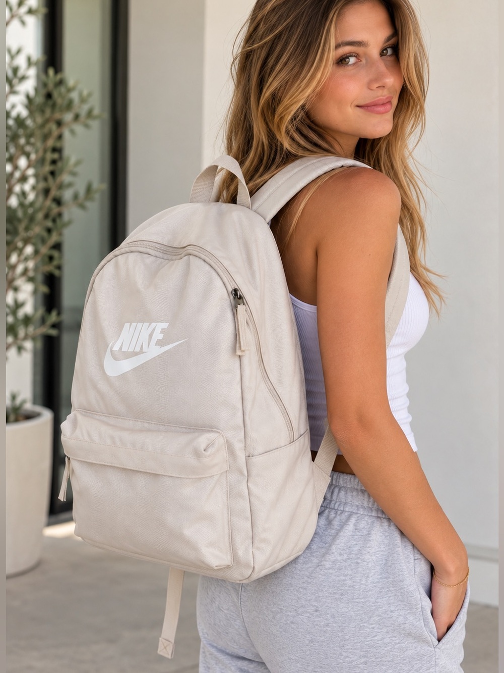 Nike Heritage Backpack Beige Cream White Logo School Laptop Travel Bag